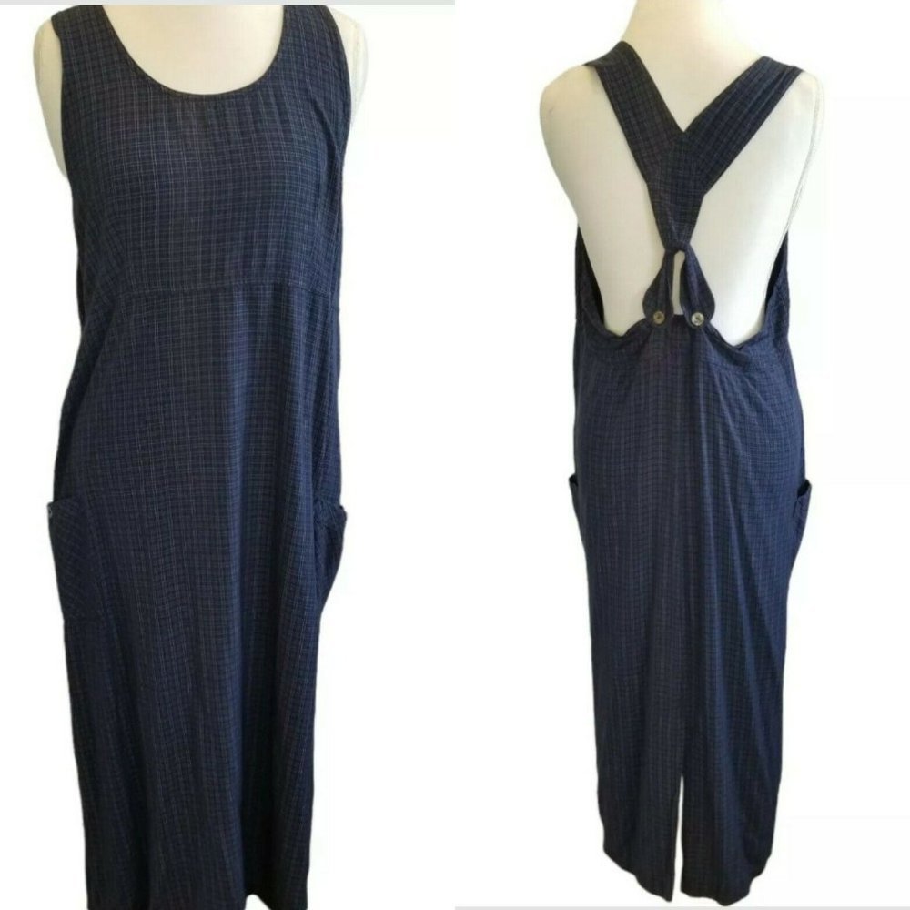 Vintage 90s Navy Blue Pinafore Dress Plaid Patch Pockets Rayon Large